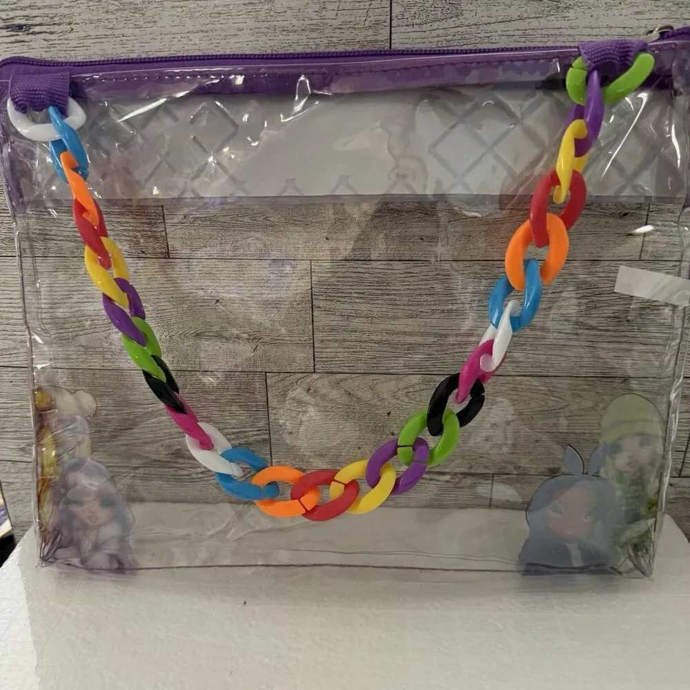 Rainbow High Clear Zipper Purse Pouch Colorful Plastic Chain Handle Accessories